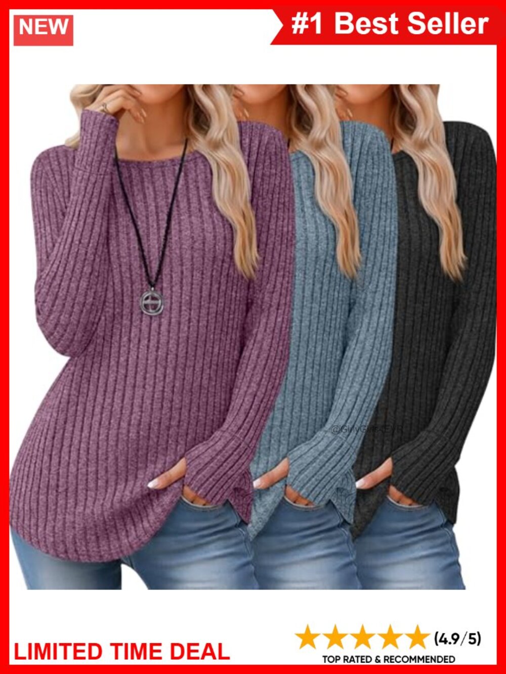 Women's Boat Neck Loose Fit Long Sleeve Sweater 3 Pack Thumbhole Tunic Top